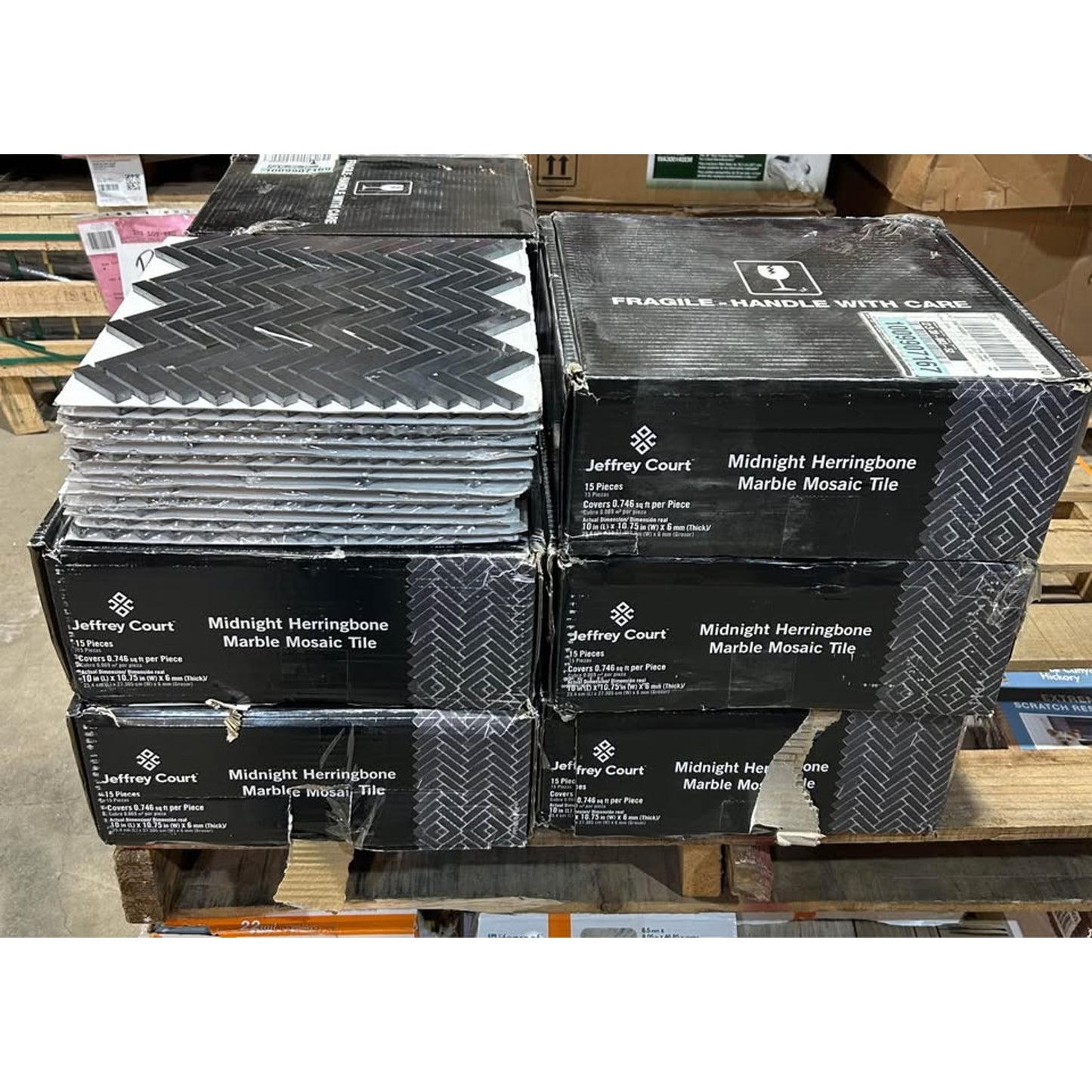 Jeffrey Court Midnight Herringbone Black Marble Mosaic Tile New