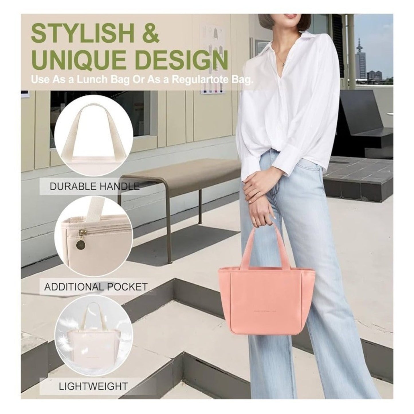 Insulated Lunch Tote Bag For Women Tear-Resistant Durable Pink