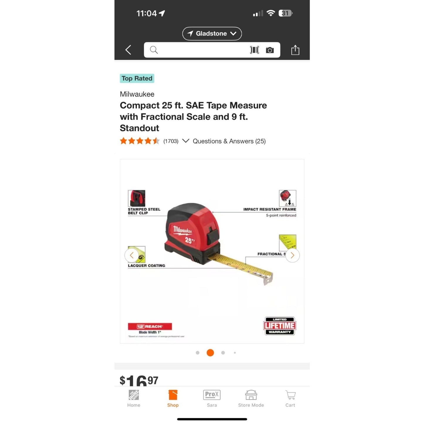 Milwaukee 25 Ft SAE Compact Tape Measure Fractional Scale