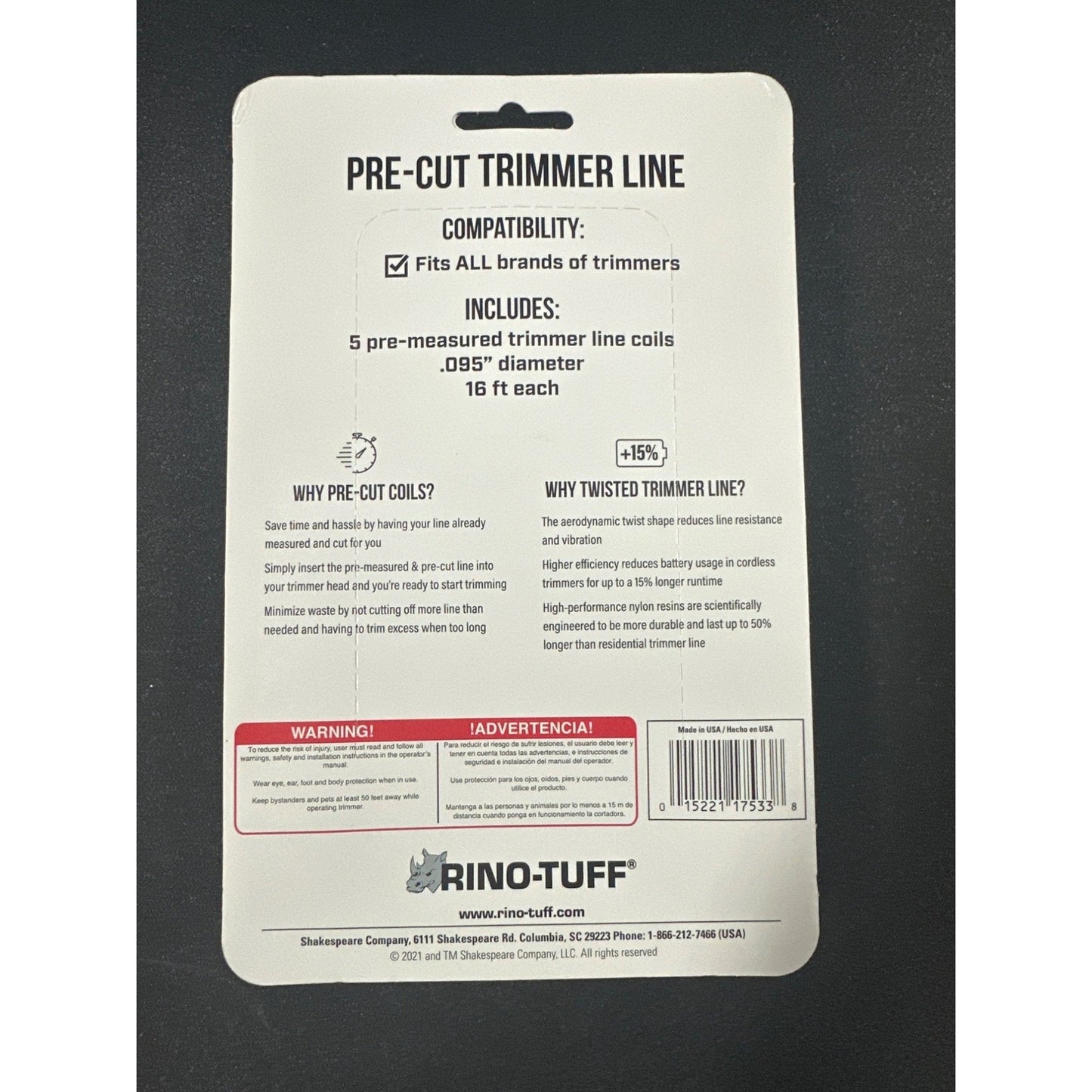 Rino-Tuff Pro .095" Pre-Cut Trimmer Line Twisted Universal Fit 16 Ft 5 Refills