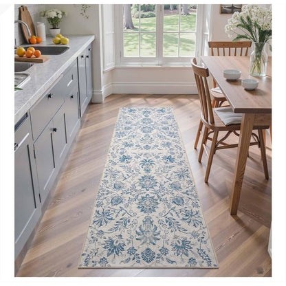 Jinchan Floral Runner Rug 2x5 Machine Washable Non-Slip Thin Blue Pattern