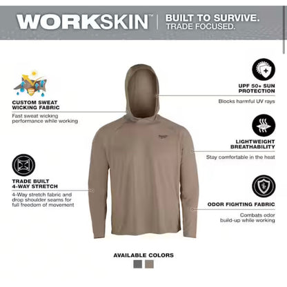 Milwaukee Men’s WORKSKIN Hooded Sun Shirt XL Sandstone New M550N-XL UPF 50 Long Sleeve Workwear