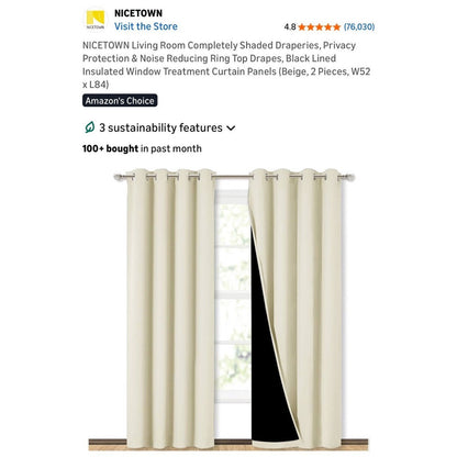 Nicetown Beige 2-Piece Blackout Curtains 52x84 Inches Grommet Panels