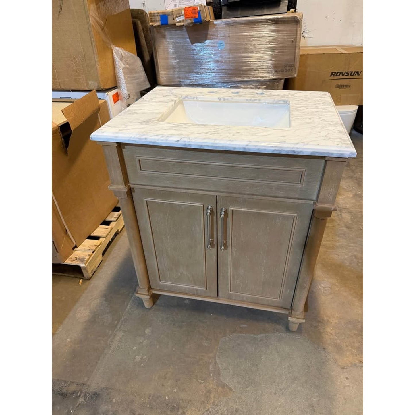 Home Decorators Aberdeen 30” Vanity Antique Oak w Carrara Marble Top Assembled Corner Chip