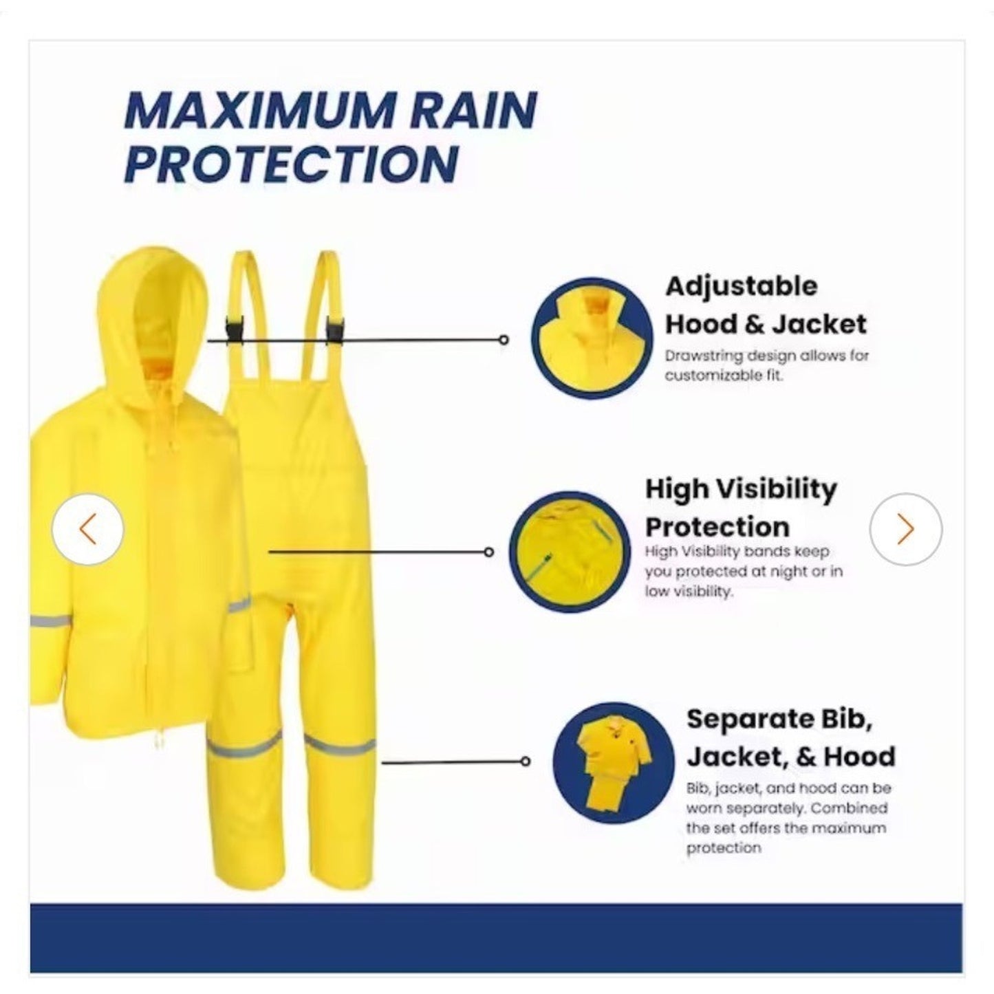 Heavy Duty Yellow 3-Piece Rain Suit XXL Reflective Strips PVC Blend