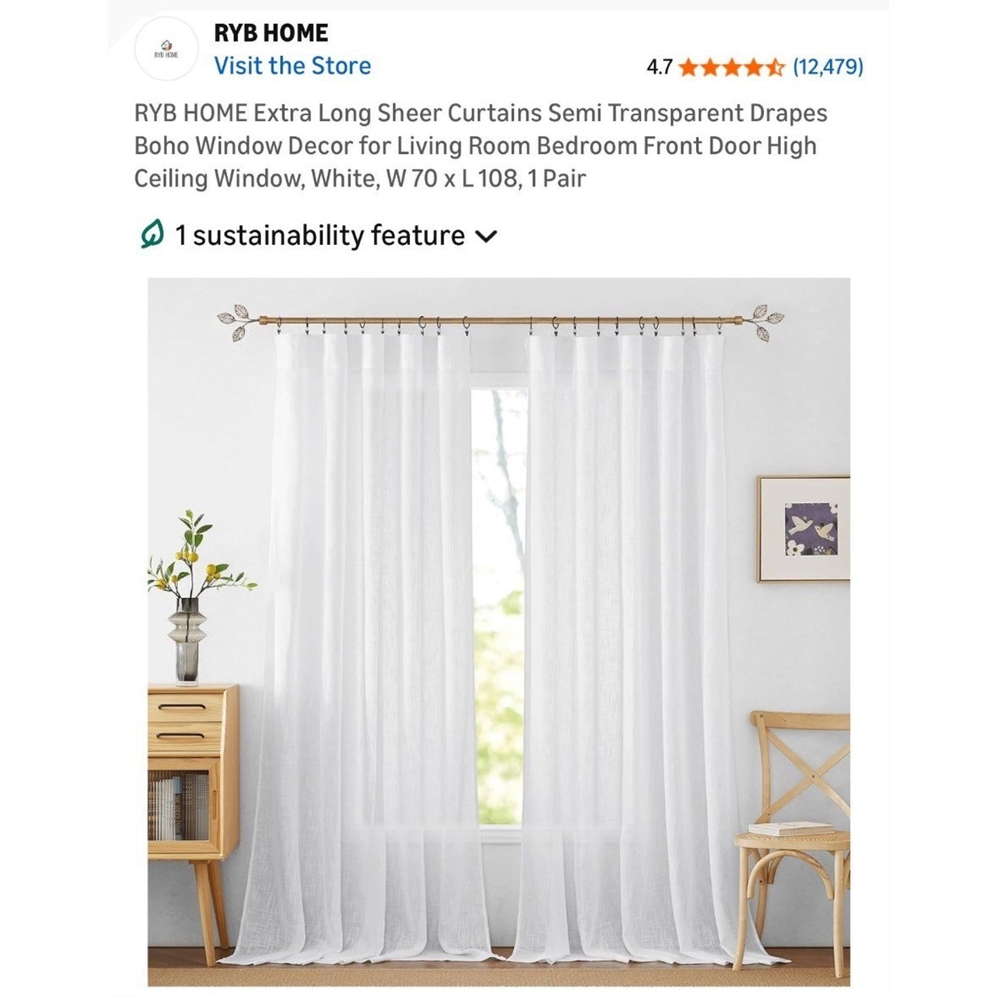 RYB HOME Sheer White Curtains 70x108 1 Pair