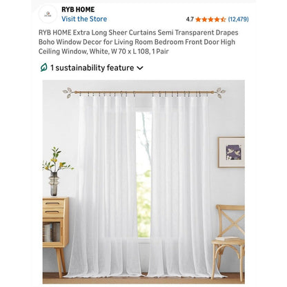 RYB HOME Sheer White Curtains 70x108 1 Pair