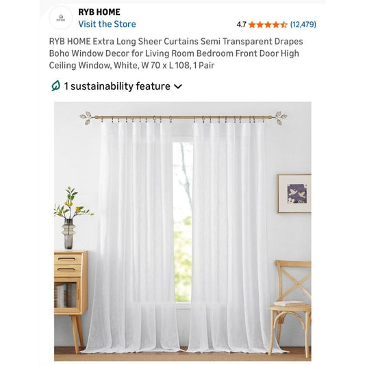 RYB HOME Sheer White Curtains 70x108 1 Pair