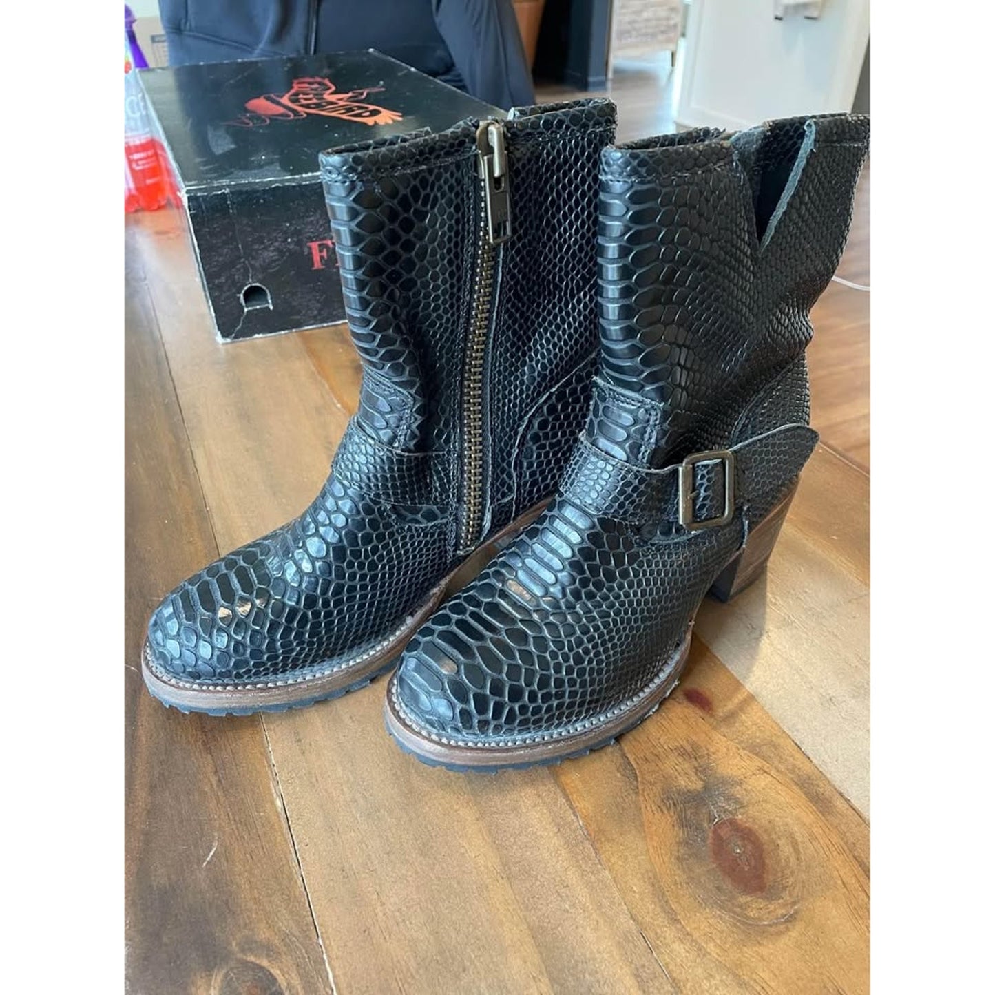 Freebird Carlito Black Snake Print Ankle Boots Size 6 Western Buckle Booties