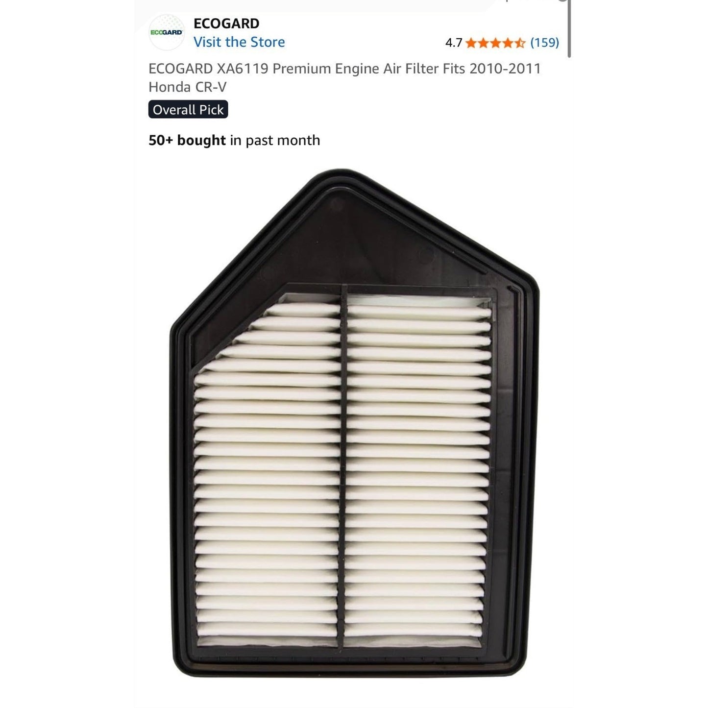 Ecogard XA6119 Engine Air Filter For 2010-2011 Honda CR-V High-Efficiency
