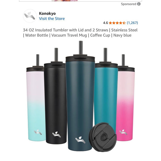 Konokyo 34 Oz Insulated Tumbler With Lid & 2 Straws Stainless Steel Vacuum Trav