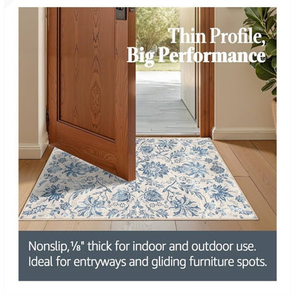 Jinchan Floral Runner Rug 2x5 Machine Washable Non-Slip Thin Blue Pattern
