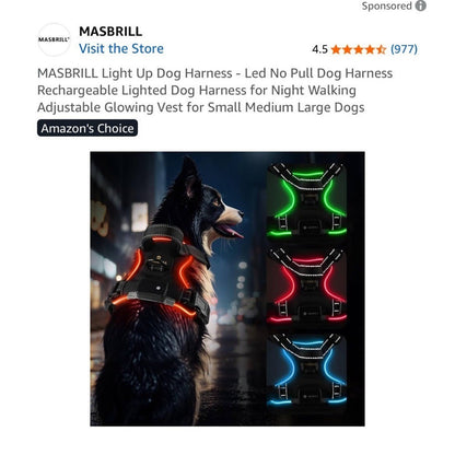 Masbrill LED Light Up Dog Harness With Rechargeable Glowing Vest No Pull Design