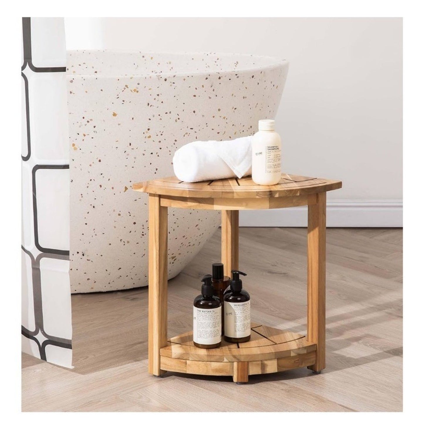 Acacia Corner Shower Stool With Storage Shelf & Soap Dish