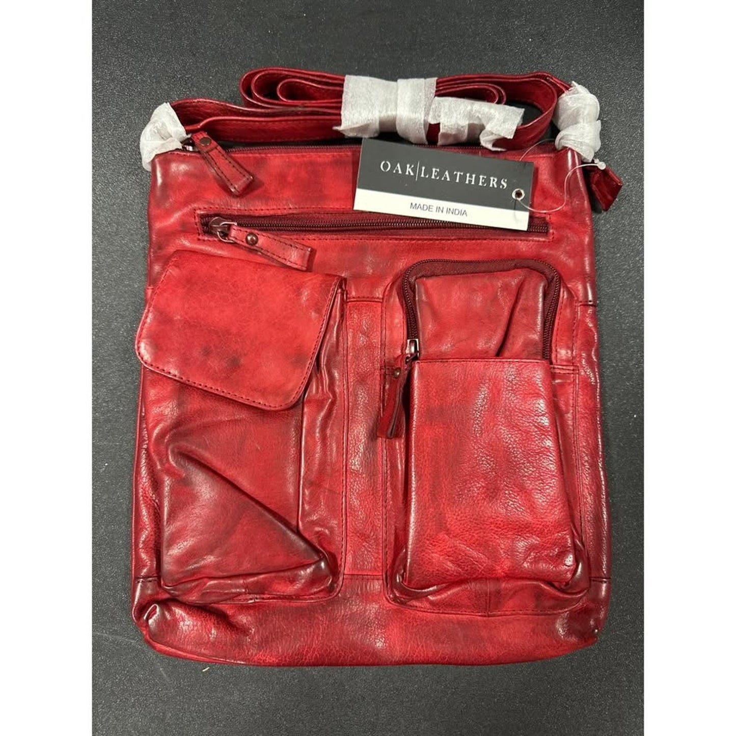 Red Leather Crossbody Bag With Multiple Pockets By Oak Leathers
