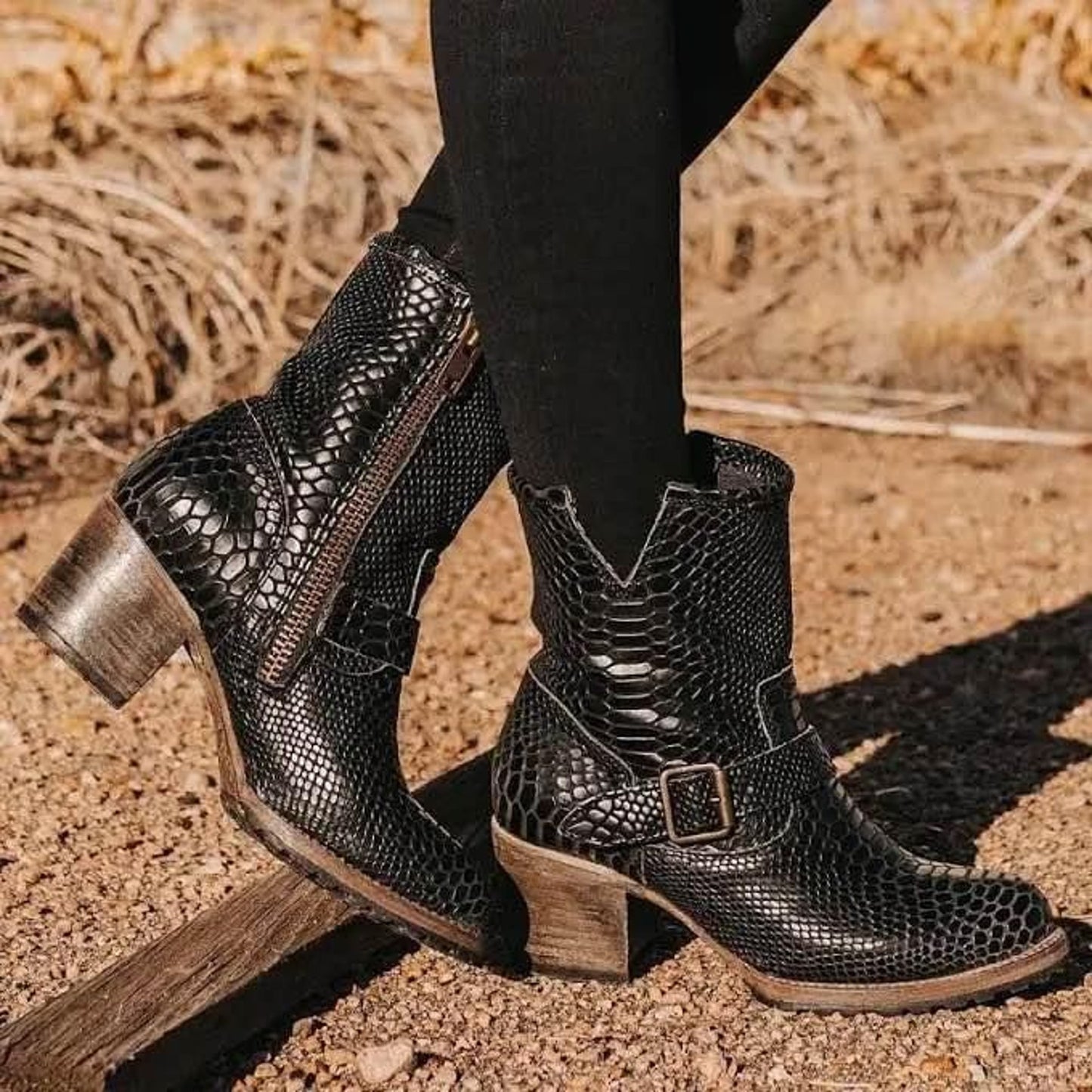 Freebird Carlito Black Snake Print Ankle Boots Size 6 Western Buckle Booties