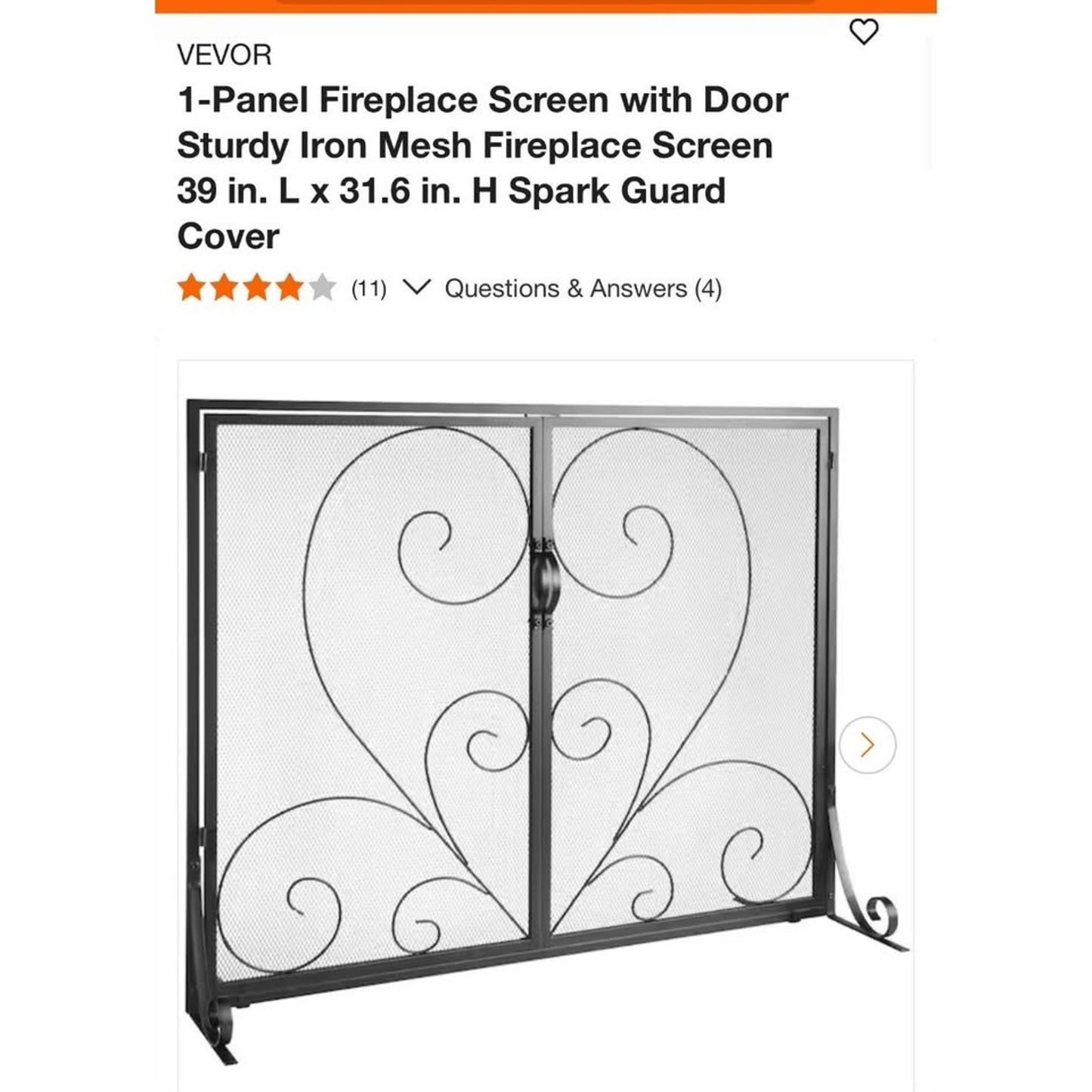 Vevor Black Iron Fireplace Screen With Mesh Spark Guard Door