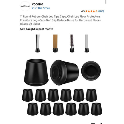 Rubber Chair Leg Tips Caps 1 Inch Black 24 Pack Non-Slip