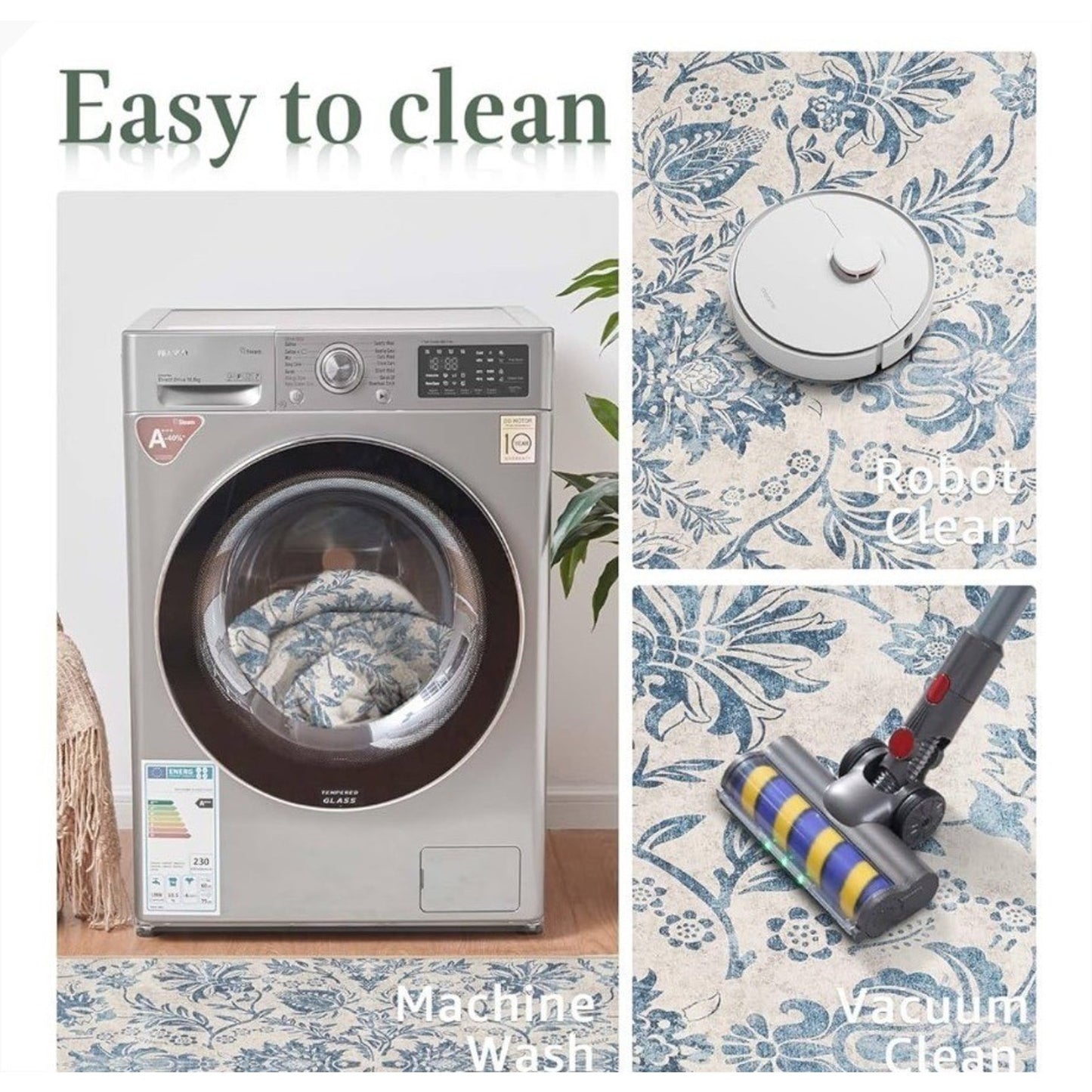Jinchan Floral Runner Rug 2x5 Machine Washable Non-Slip Thin Blue Pattern