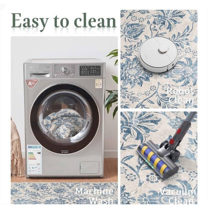 Jinchan Floral Runner Rug 2x5 Machine Washable Non-Slip Thin Blue Pattern
