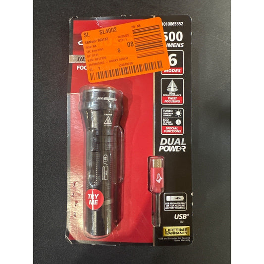 Husky 500-Lumens Dual Power Rechargeable Aluminum Flashlight USB-C
