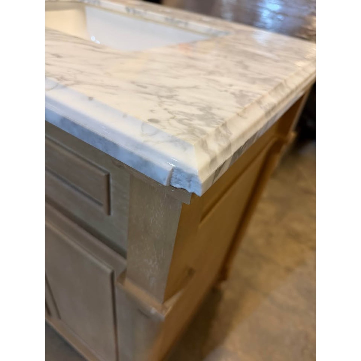 Home Decorators Aberdeen 30” Vanity Antique Oak w Carrara Marble Top Assembled Corner Chip