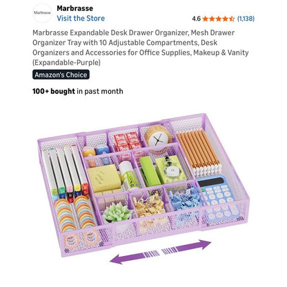 Mesh Expandable Purple Desk Drawer Organizer 10 Compartments