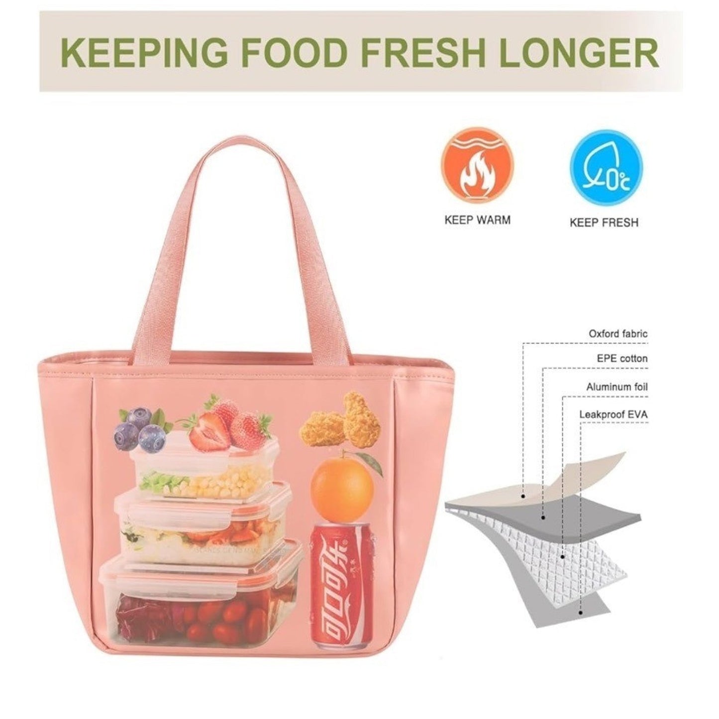 Insulated Lunch Tote Bag For Women Tear-Resistant Durable Pink