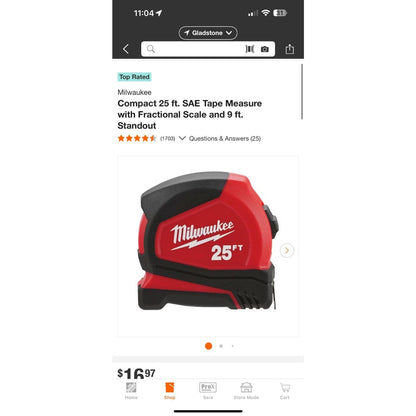 Milwaukee 25 Ft SAE Compact Tape Measure Fractional Scale
