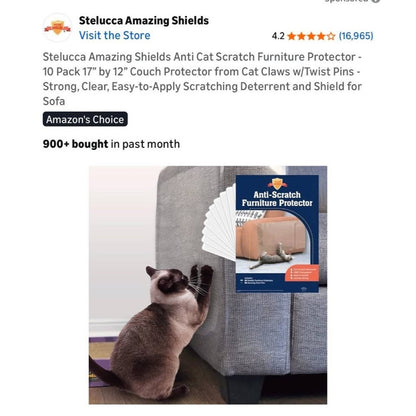 Anti-Scratch Cat Furniture Protector - 10 Pack 17x12 Shields