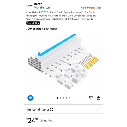 Cord Hider Raceway Kit 315" Total Length 20-Pack White