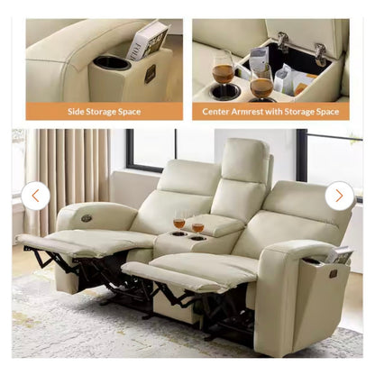 JAYDEN CREATION Gonzalo Power Reclining Loveseat Beige Faux Leather USB Storage New