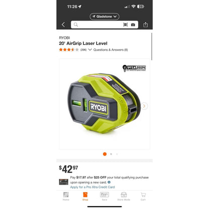 Ryobi 20 AirGrip Laser Level Horizontal & Vertical Precision Tool