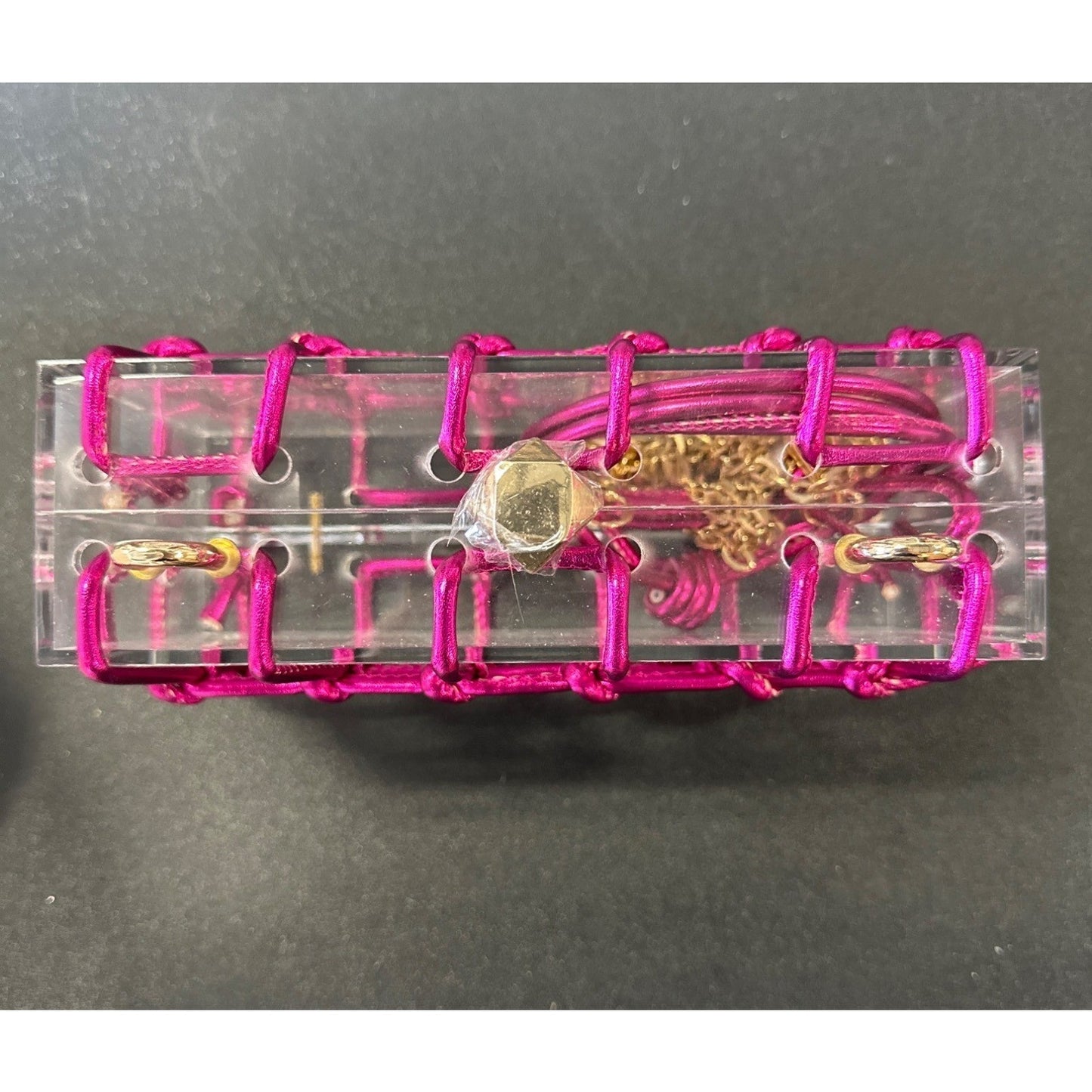 Clear Pink Acrylic Box With Gold Chain & Magenta Cord Design