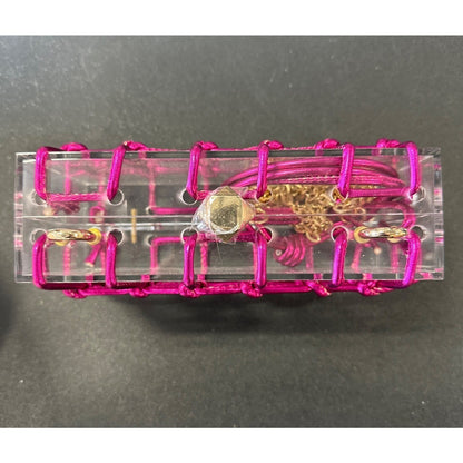 Clear Pink Acrylic Box With Gold Chain & Magenta Cord Design