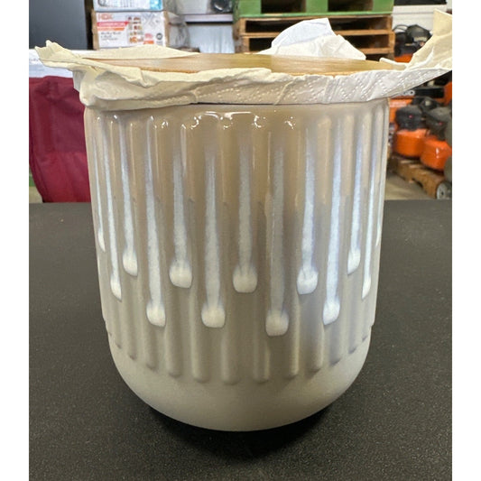 Ceramic Jar With Bamboo Lid 4.5-Inch Ribbed White & Blue