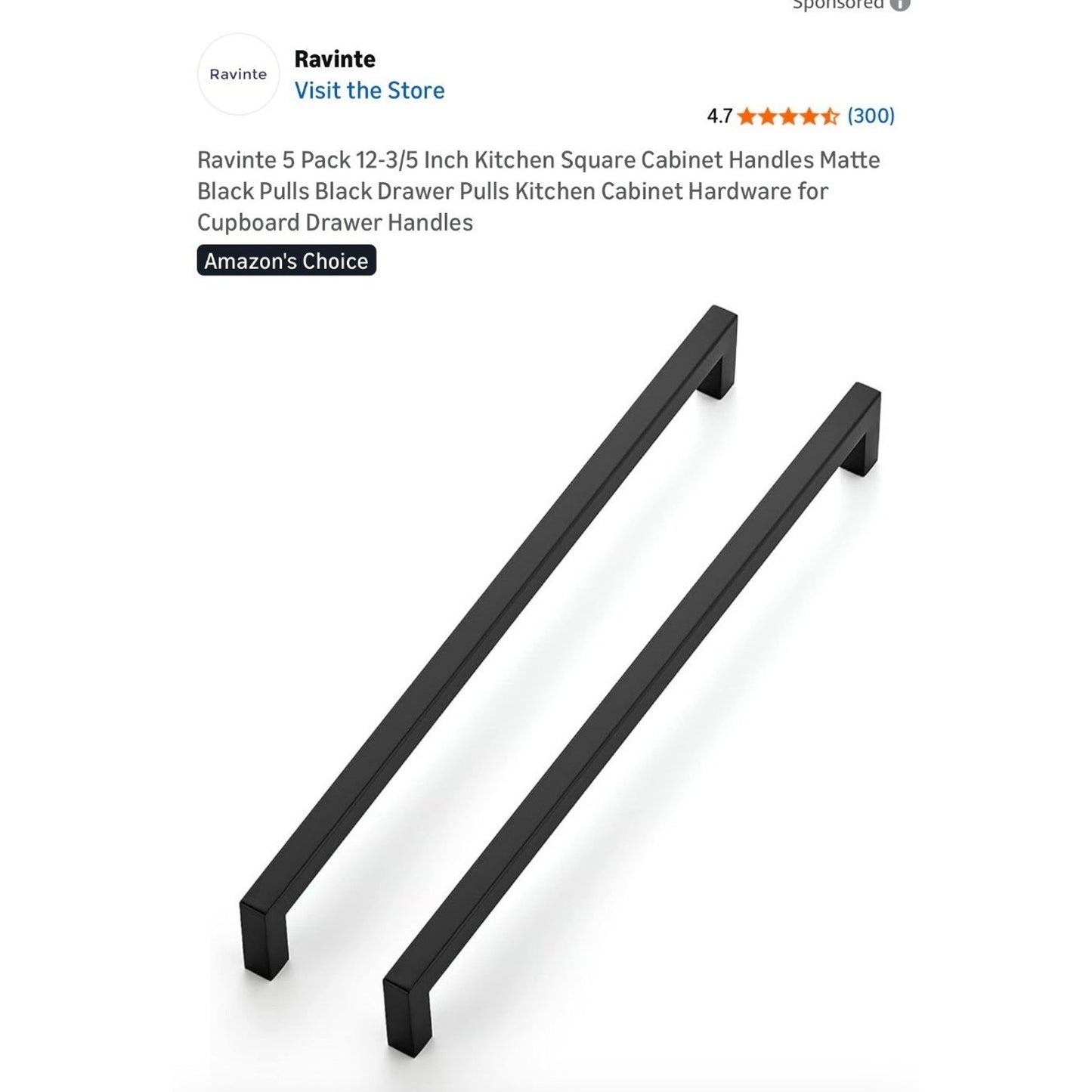 Ravinte 5 Pack 12-3/5 Inch Matte Black Cabinet Handles Square Drawer Pulls Kitch