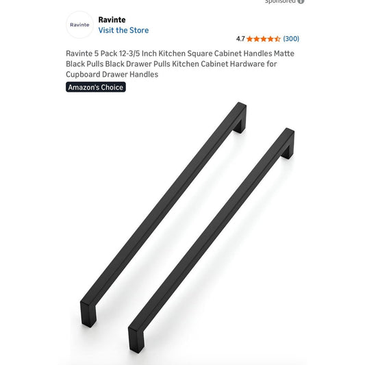 Ravinte 5 Pack 12-3/5 Inch Matte Black Cabinet Handles Square Drawer Pulls Kitch
