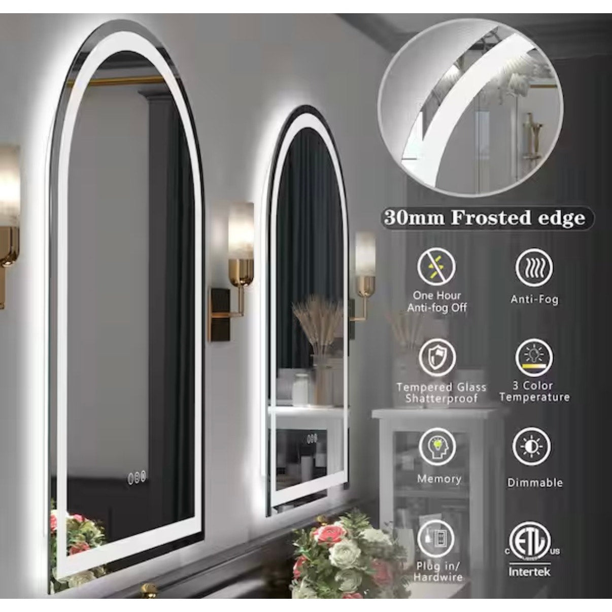 Apmir 26 x 38 Arch LED Bathroom Vanity Mirror Anti Fog Frameless Lighted Mirror New