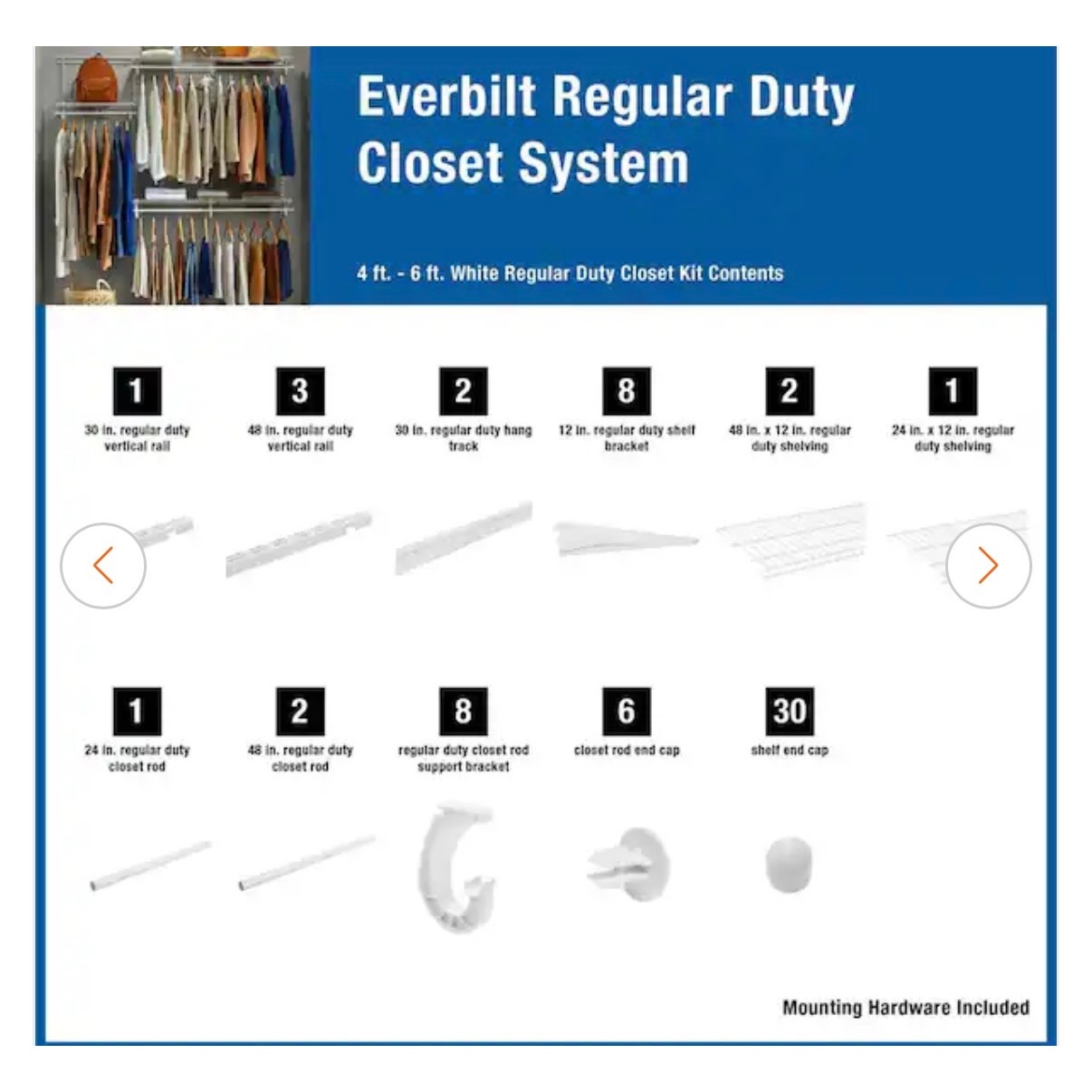 Everbilt 4 ft to 6 ft Regular Duty Closet Organizer Kit New Adjustable Closet System