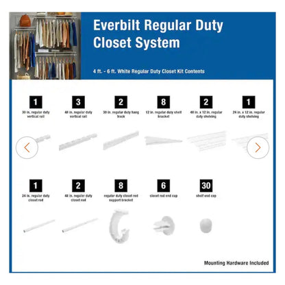 Everbilt 4 ft to 6 ft Regular Duty Closet Organizer Kit New Adjustable Closet System
