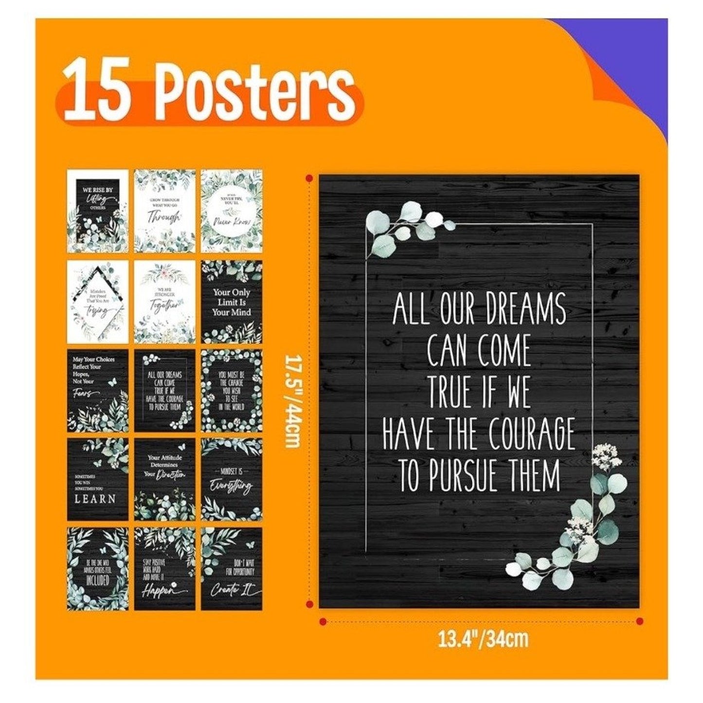 15 Motivational Growth Mindset Posters Tear-Resistant PET