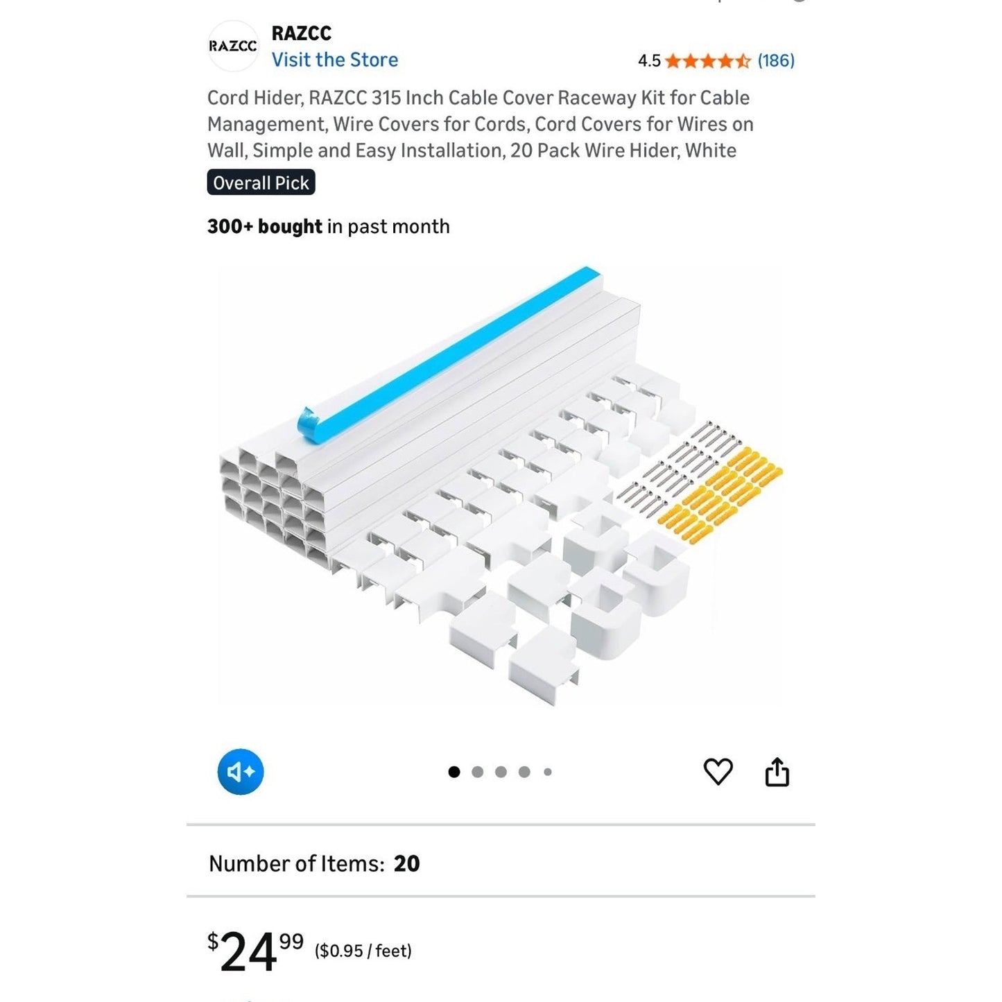 Cord Hider Raceway Kit 315" Total Length 20-Pack White
