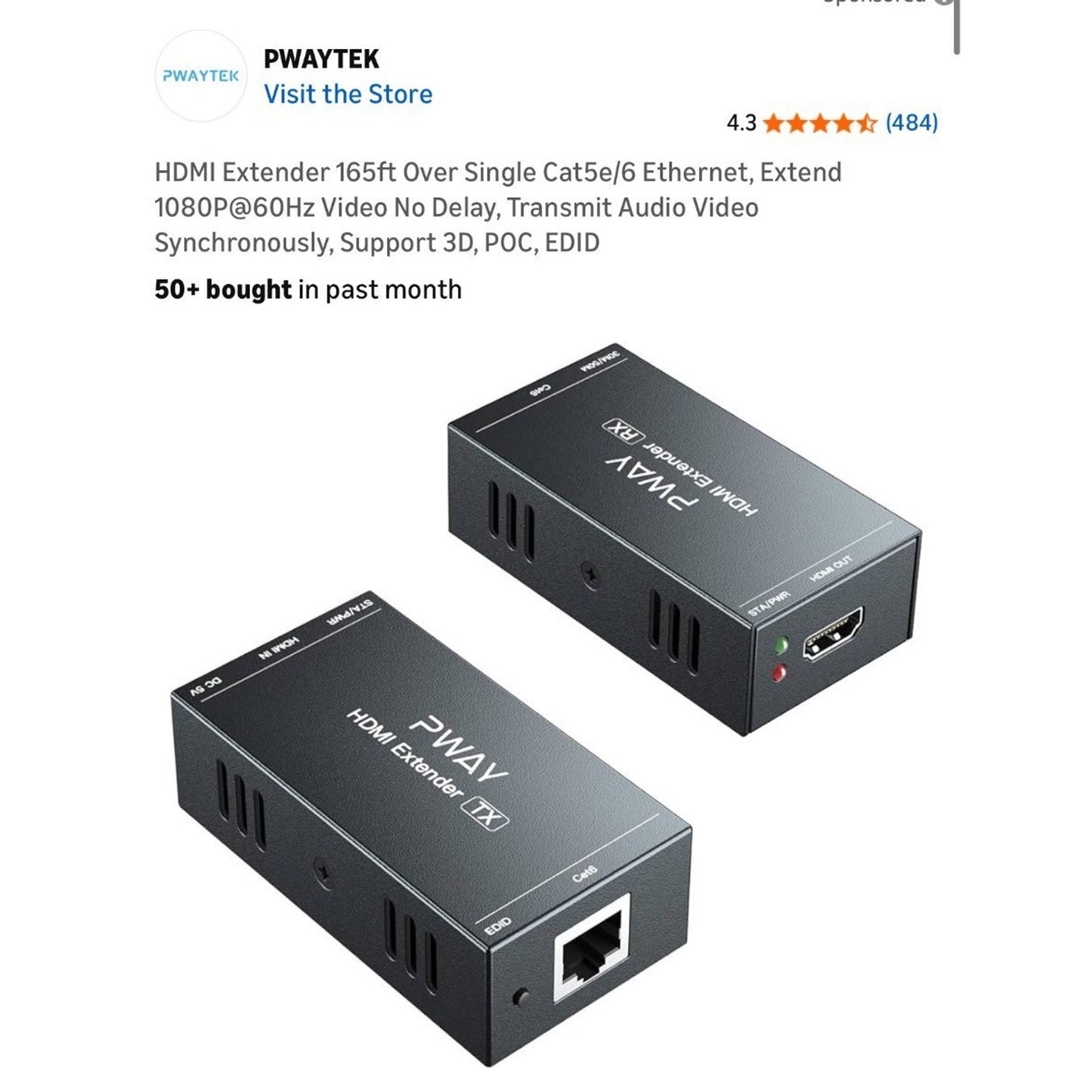 PWAY HDMI Extender 165ft Over Cat5e/6 Supports 1080P@60Hz 3D