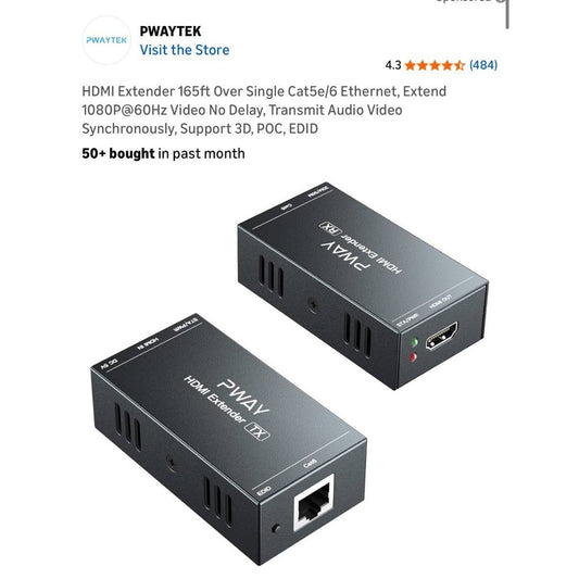 PWAY HDMI Extender 165ft Over Cat5e/6 Supports 1080P@60Hz 3D