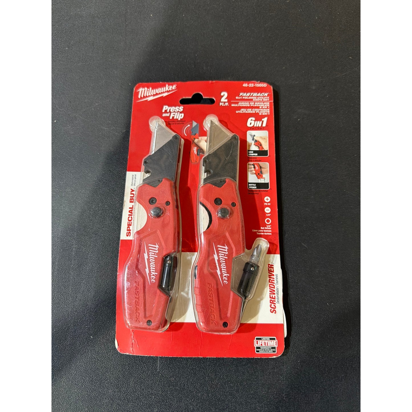 Milwaukee FASTBACK 6 in 1 Folding Utility Knife 2 Pack New 48-22-1505 Multi Tool Box Cutter