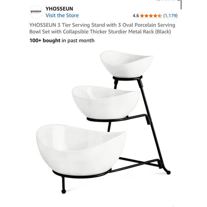 Yhosseun 3 Tier Serving Stand With 3 Oval Porcelain Serving Bowl Set & Collapsib