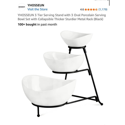 Yhosseun 3 Tier Serving Stand With 3 Oval Porcelain Serving Bowl Set & Collapsib