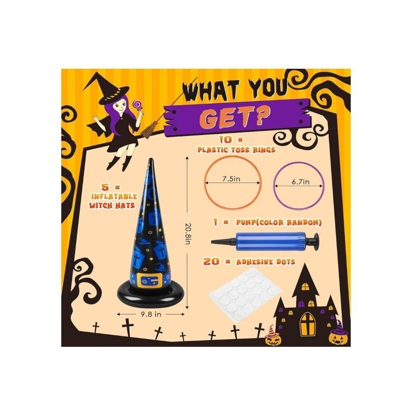 Halloween Inflatable Witch Hat Ring Toss Game Set 17-Piece