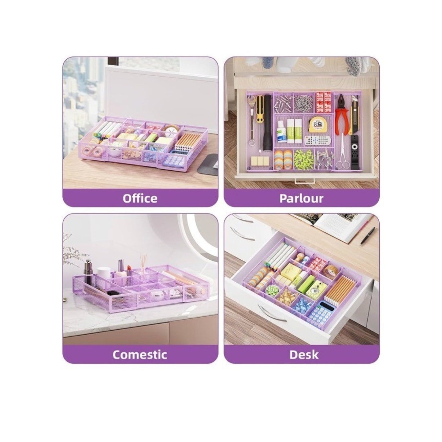 Mesh Expandable Purple Desk Drawer Organizer 10 Compartments